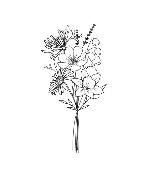 Fineline Flower Drawing, Flower Bouquet Tattoo Design, Bunch Flowers Tattoo, Bouket Flowers Tattoo, Flower Tattoos Bouquet, Wildflower Tattoo Stencil, Line Work Bouquet Tattoo, Flower Boquettes Tattoos Simple, Fineline Flower Bouquet Tattoo