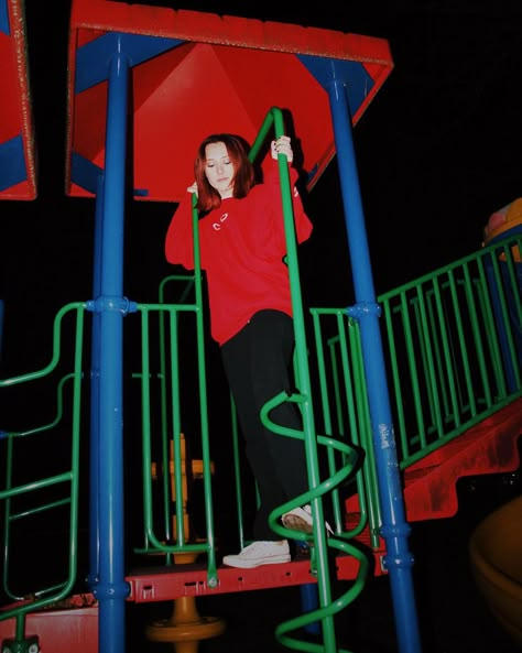 Photoshoot At Playground, Playground Aesthetic Photoshoot, Playground Pose Ideas, Playground Photoshoot Aesthetic, Theme Park Photoshoot, Playground Photoshoot Ideas, Photoshoot Playground, Silly Photoshoot Ideas, Dark Playground