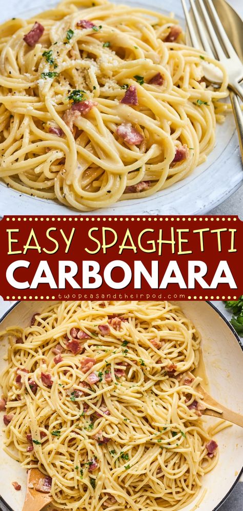 Here's a simple weeknight dinner recipe for you! This Spaghetti Carbonara is a classic pasta dish made with spaghetti, eggs, freshly-grated Pecorino Romano cheese, and bacon. Pin this delicious weeknight meal! Easy Carbonara Recipe, Bacon Carbonara, Chicken Carbonara Recipe, Spaghetti Carbonara Recipe, Spaghetti Recipes Easy, Pasta Carbonara Recipe, Chicken Carbonara, Carbonara Sauce, Simple Dinners