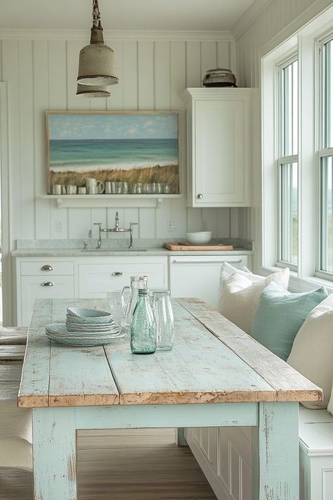 29 Coastal Boho Kitchen Ideas to Blend Seaside Vibes with Boho Style - My Elegant Home Beach House Small Kitchen, Beachy Boho Kitchen, Small Beach House Kitchen, Coastal Boho Kitchen, Beach Cottage Kitchen, Beachy Farmhouse, Beachy Kitchens, Turquoise Cabinets, Beach House Kitchen