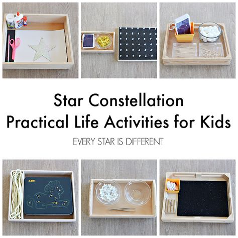 Space Themed Practical Life, Space Montessori, Stars Activities For Preschool, Space Montessori Activities, Montessori Space Activities, Constellation Activities For Preschool, Constellation Activities For Kids, Montessori Elementary Activities, Constellation Activities