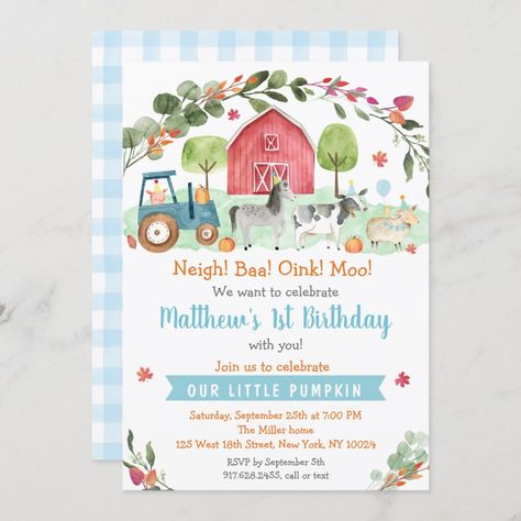 Farm Animals Birthday Party Invitations, First Birthday Pumpkin, Fall Invitations, 18th Birthday Invitations, Birthday Pumpkin, Barnyard Birthday Party, Girls Birthday Party Ideas, Farm Baby Shower, Cute Birthday Party