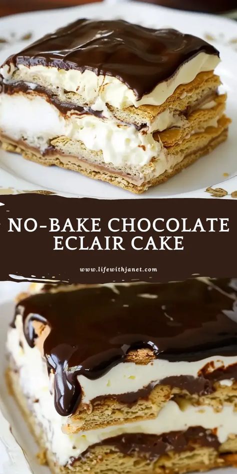 No-Bake Chocolate Eclair Cake Chocolate Eclaire Desert, E Clair Cake, French Silk Pie Cake, Choc Eclair Cake, No Bake Chocolate Eclair Cake Easy, Eclair Dessert No Bake, Steakhouse Dessert Ideas, Chocolate No Bake Dessert Recipes, Peanut Butter Chocolate Eclair Cake