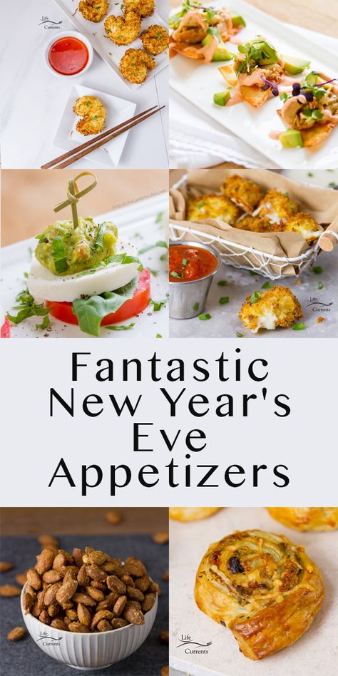 collage of 6 appetizer images with the title in th emiddle - long pin for Pintrerest New Year’s Eve Appetizers, New Years Eve Appetizers, Party Food Easy Appetizers, New Years Appetizers, New Year's Eve Appetizers, Chicken Receipes, Party Food Dessert, Vegan Chicken, Appetizer Ideas