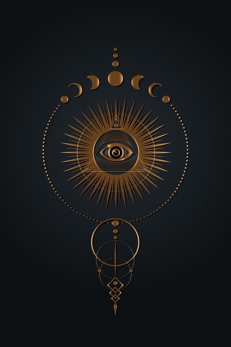 Gold Mystical third eye, phases of the moon on black background. Sacred Masonic All Seeing eye, Boho style and esoteric ethnic magic astrological symbols. Golden sign vector illustration isolated All Seeing Eye Meaning, Third Eye Illustration, Third Eye Tattoos, Mystic Symbols, Esoteric Symbols, Eye Illustration, Astrological Symbols, Eyes Wallpaper, Sacred Geometry Art