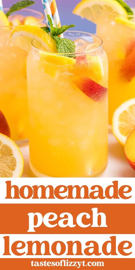 Refreshing Peach Lemonade, Homemade Peach Lemonade, Peach Cocktail Recipe Summer Drinks, Peach Drinks Non Alcoholic, Peach Lemonade Concentrate, Summer Punch Nonalcoholic, Flavored Lemonade Recipes, Food Recipes Summer, Non Alcoholic Drinks For Summer