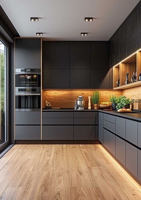 Black L Shaped Kitchen, Furniture Design For Kitchen, Practical Kitchen Layout, Modern L Kitchen Design, Kitchen L Layout, Black Modern Kitchen Ideas, Small Kitchen L Shape Layout, Kitchen Design U Shape Layout, Modern Kitchen L Shape