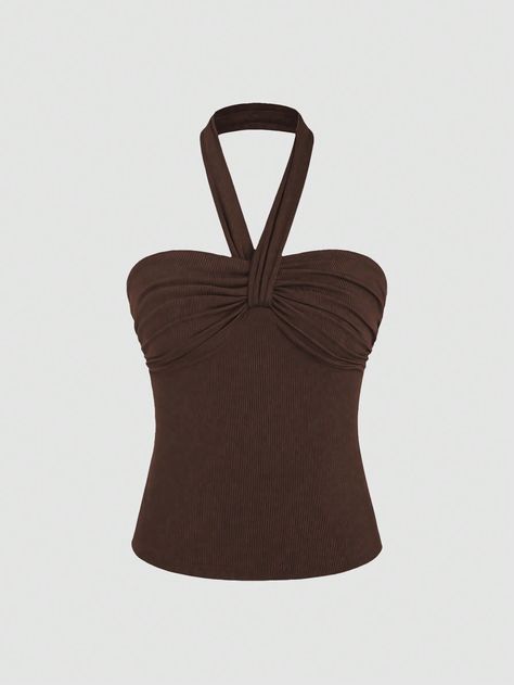 SHEIN Sweetro Women's Summer Solid Color Pleated Halter Neck Casual Tank TopI discovered amazing products on SHEIN.com, come check them out! High Waist Sports Leggings, High Leg Swimsuit, Tube Top Dress, Trendy Fashion Tops, Striped Crop Top, Casual Tank Tops, Knit Tees, Brown Dress, Boho Women