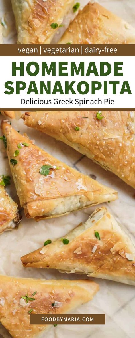 This Homemade Spanakopita recipe is vegan, vegetarian, and dairy-free. It’s the perfect vegan spin to a classic Greek Spinach Pie recipe we all love. While vegan spanakopita tastes and looks fancy, it’s ready to eat in 50 minutes and can be made for a snack, a large gathering, or whenever you want it! Fancy Vegetarian Dinner Recipes, Fancy Vegetarian Dinner, Vegan Spanakopita, Spinach Pie Recipe, Spanakopita Recipe, Filo Dough, Greek Spinach, Greek Spinach Pie, Greek Appetizers