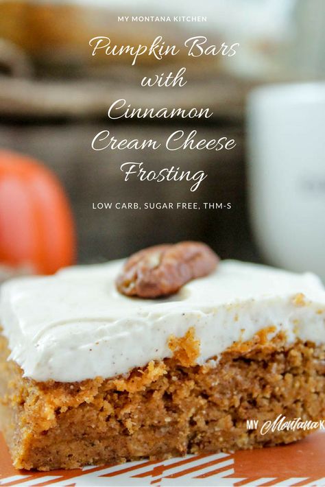 Sweet, dense pumpkin bars topped with a decadent cinnamon spiced cream cheese frosting. This recipe is low carb, sugar free, and a Trim Healthy Mama S Healthy Pumpkin Bars, Montana Kitchen, Skillet Cookies, Trim Healthy Mama Dessert, Cinnamon Cream Cheese, Keto Biscuits, Postre Keto, Thm Desserts, Low Carb Dessert