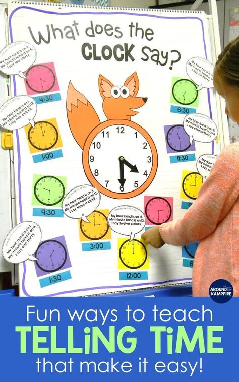 Are you looking for teaching ideas to make telling time easier for your first, second or third grade students? Find lots of time activities and games centered around this adorable anchor chart based on the What does the fox say? song! Easy to differentiate for Kindergarten,1st, 2nd, and even 3rd grade math by switching out the clocks with time to the hour, half hour, or 5 minutes. Such an unforgettable math lesson! Telling Time 1st Grade, Telling Time First Grade, 2nd Grade Telling Time Activities, First Grade Telling Time, Teaching Telling Time 2nd Grade, Teach Telling Time, Bhagya Lakshmi, Telling Time Activities, Clock Template