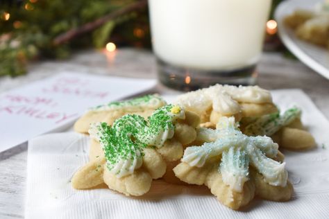 Grandma's Spritz Cookies • Dance Around the Kitchen Buttery Spritz Cookies, Dance Around The Kitchen, Creamy Frosting, Christmas Platter, Spritz Cookies, Holiday Favorite Recipes, Holiday Brunch, Apple Bread, Cookie Press