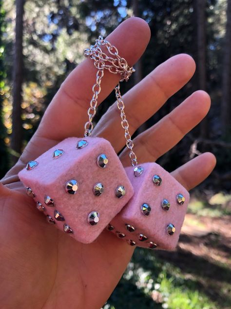 Baby Pink Fuzzy Dice with Silver Chrome Gems and Chain or Cord / Car Accessories, Charms, Gift, Novelty, Mirror Danglers, Car Dice Car Charm -  #accessories #Baby #Car #Chain #Charm #Charms #Chrome #Cord #Danglers #Dice #fuzzy #Gems #gift #Mirror #Novelty #pink #Silver Mazda Car Accessories, 90s Car Accessories, Pink Fuzzy Dice, Cute Cars Accessories, Diy Car Accessories, Car Dice, Fuzzy Dice, Cord Car, Bling Accessories