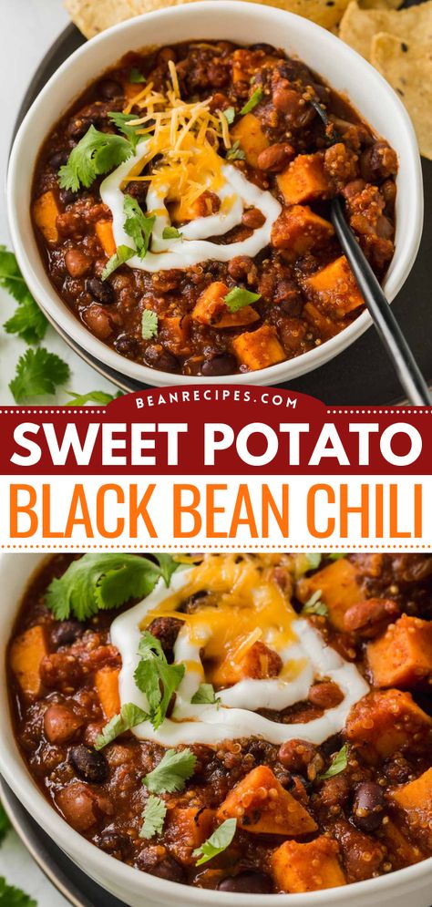 An easy dinner idea that's mostly hands-off, this slow cooker sweet potato chili is sure to be a hit with the family! A hearty black bean chili recipe with the sweetness of sweet potatoes, it'll you right up. Save this hearty dinner recipe now! Sweet Potatoes And Black Beans Recipes, Sweet Potato And Black Bean Chili, Sweet Potato And Black Bean Recipes, Black Beans Sweet Potato Recipe, Black Bean And Sweet Potato Chili, Sweet Potato Black Bean Bowl, Black Bean Sweet Potato Chili, Chili With Quinoa, Black Bean Chili Vegetarian