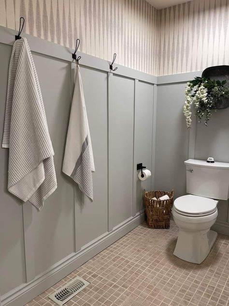 Tile And Board And Batten Bathroom, Gray Board And Batten Bathroom, Bathroom Wainscotting With Hooks, Tall Board And Batten Bathroom, Wayne’s Coating Wall, Bathroom Waynes Coating Ideas Modern, Wall Trim In Bathroom, Wall Moulding Ideas Bathroom, Bathroom Wall Wood Paneling