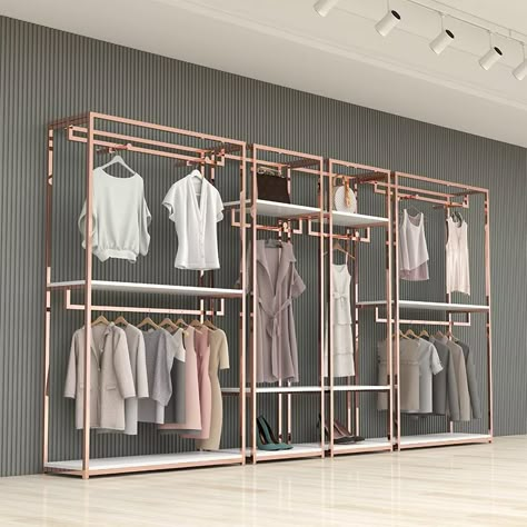 Ladies Shop Interior Design, Cloth Shop Interior Design Retail, Clothes Rack Design For Shop, Clothing Racks For Boutique, Cloth Store Display Racks, Clothes Hanging Rack Store, Gold Racks Boutique, Clothing Shop Interiors, Steel Rack Design For Shop