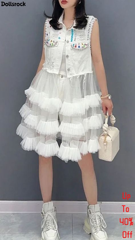 DIY White Peter Pan Collar Print Waistcoat Patchwork Tulle Party Mid Dress Sleeveless Mid Dress, Tulle Dresses, Stunning Prom Dresses, Easy Trendy Outfits, Summer Dress Outfits, Comfortable Room, Art Dress, Mid Dresses, Print Dresses