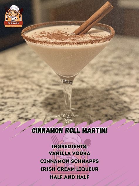 🌟 Indulge in a decadent treat with a twist - try this Cinnamon Roll Martini today! 🍸✨ 🍹 Cinnamon Roll Martini Ingredients: - 2 oz vanilla vodka - 1 oz cinnamon schnapps - 1 oz Irish cream liqueur - 1 oz half and half - Ground cinnamon - Cinnamon stick (for garnish) Instructions: 1. Rim glass with ground cinnamon. 2. In shaker, combine vodka, schnapps, Irish cream, and half and half. 3. Shake well and strain into glass. 4. Garnish with cinnamon stick. Enjoy! 👩‍🍳👨‍🍳 Treat yourself to the u... Cinnamon Schnapps, Liqueur Recipes, Martini Ingredients, Irish Cream Liqueur, Cream Liqueur, Vanilla Vodka, Daily Recipes, Half And Half, Irish Cream