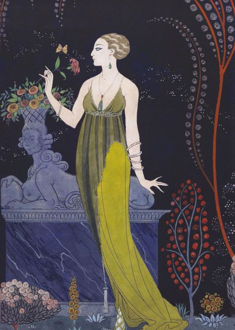 George Barbier, for Cartier, 1914. Librairie Chretien, Paris. George Barbier was a frequent contributor to the Gazette du Bon-Ton and an influencer of other designers of the period. He met Louis Cartier who introduced his work his to Charles Jacqueau, Cartier's head designer. George Barbier, Art Deco Illustration, Fashion Illustration Vintage, Art Deco Posters, Art Et Illustration, Perfume Oil, Autumn Garden, Fashion Poster, Pulp Fiction