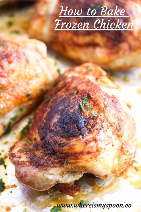 Learn how to cook frozen chicken thighs in the oven. It's safe, easy, and delicious. And it will save you a lot of time. #whereismyspoon #frozenchickenthighs #frozenchickenrecipes #howtocookfrozenchicken #bakefrozenchicken Cook Frozen Chicken In The Oven, Frozen Chicken In Oven How To Cook, Frozen Chicken Drumstick Recipes, Frozen Chicken Drumsticks Oven, Bake Frozen Chicken In Oven, Frozen Drumsticks Oven, Frozen Chicken Legs Oven, How To Cook Frozen Chicken, Frozen Chicken Oven Recipes