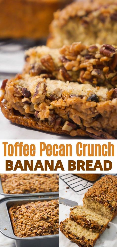 This Toffee Pecan Crunch Banana Bread is an easy banana bread recipe using butter pecan cake mix. Topped with pecans and toffee bits for a crunchy crust. This is a great snack or breakfast idea. Brownie Mix Banana Bread, Banana Bread With Toffee Bits, Butter Pecan Cake Mix Banana Bread, Butter Pecan Banana Bread, Butter Pecan Cake Mix Muffins, Toffee Banana Bread, Banana Bread Using Cake Mix Easy Recipes, Betty Crocker Cake Mix Recipes, Banana Pecan Bread Recipe