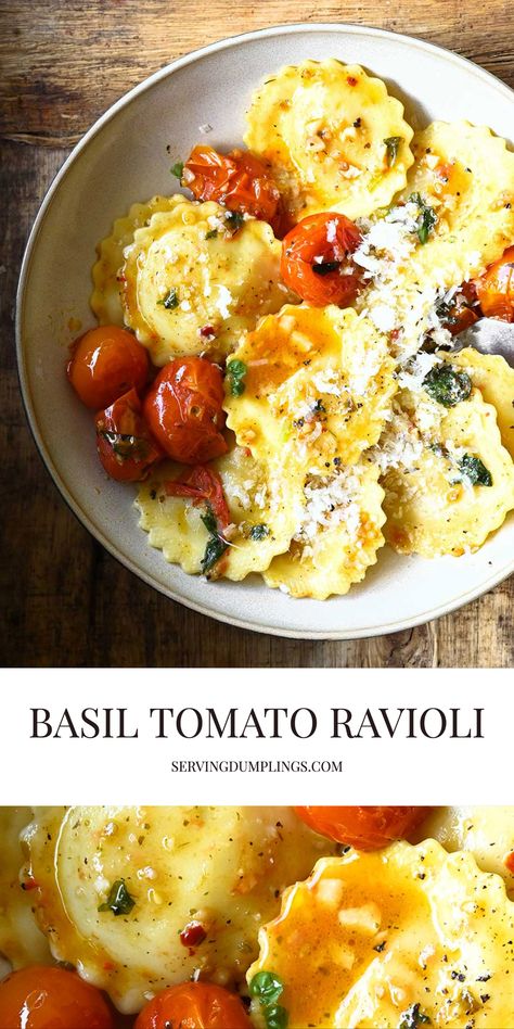 Ravioli With Fresh Tomatoes, Tomato Basil Ravioli, Basil Ravioli Recipe, Cherry Tomato Ravioli, Ravioli With Tomato Sauce, Traditional Ravioli Recipe, Sauteed Ravioli Recipe, Ravioli With Cherry Tomatoes, Summer Ravioli Recipe