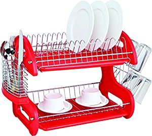 Amazon.com: Home Basics Dish Plastic Drainer, 2-Tier, Red: Kitchen & Dining Red Kitchen Accessories, Tiered Fruit Basket, Coffee Pod Storage, Drying Rack Kitchen, Red Dishes, Red Kitchen Decor, Kitchen Sink Storage, Hanger Storage, Dish Drainers