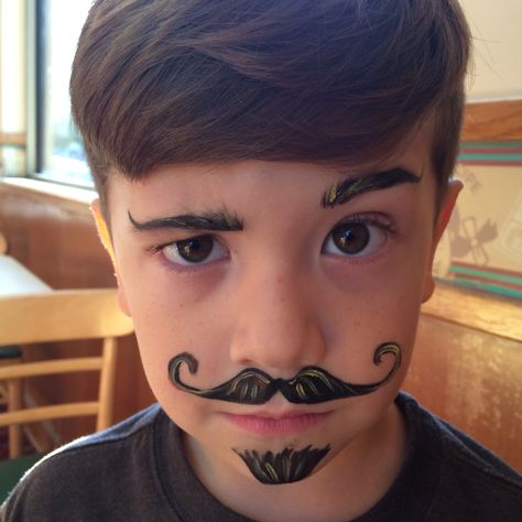 Boy's black mustache, goatee & eyebrows facepainting Moustache Face Paint, Face Paint Moustache, Mustache Face Paint, Kids Pirate Makeup, Diy Mustache For Face For Kids, Easy Kid Face Painting Ideas, Circus Face Paint, Kids Face Paint Ideas, Face Paint For Boys