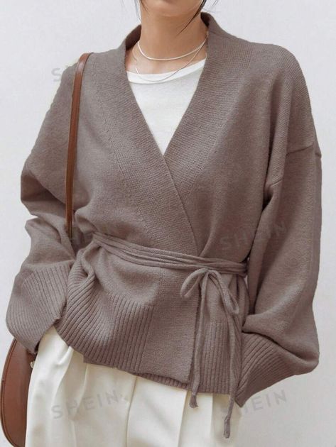 Dazy-Less Drop Shoulder Belted Cardigan | SHEIN Drape Cardigan Outfit, Structured Cardigan, Shein Cardigan, Women Long Cardigan, Beanie Hats For Women, Belted Cardigan, Drape Cardigan, Cardigan Outfits, Drop Shoulder Sweaters