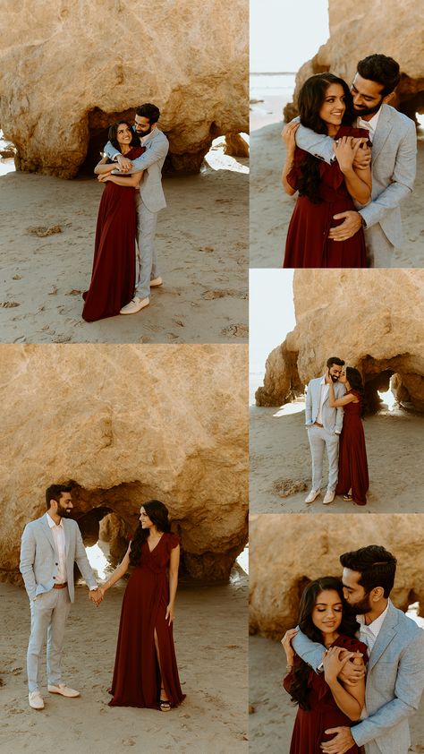 Red Dress Beach Engagement Photos, Red Dress Pre Wedding Shoot, Indian Couple Photography Poses Beach, Indian Couple Engagement Photoshoot, Best Pose For Couples, Casual Dress Couple Photoshoot, Outfit For Pre Wedding Photoshoot, Outfit For Prewedding Shoot, Same Dress Couple Pics