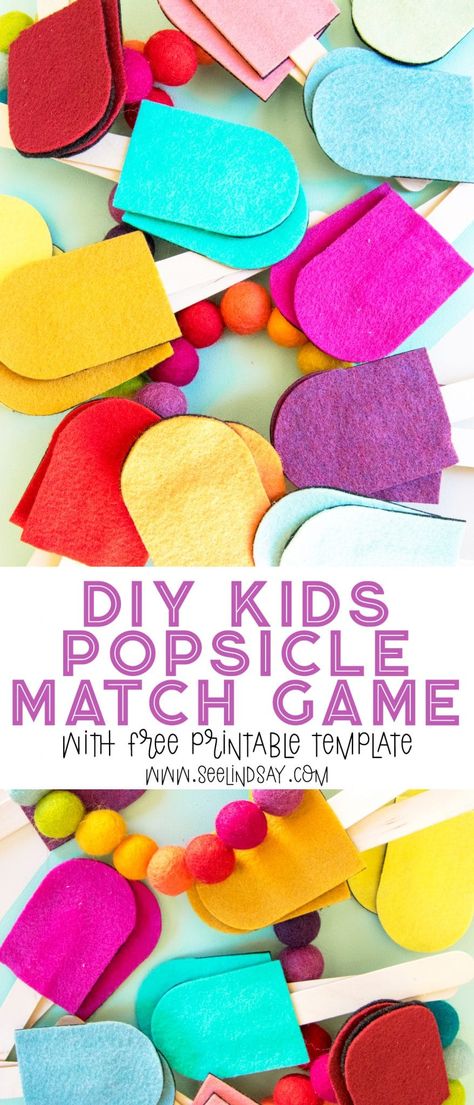 Create your own color matching game for your toddler. This printable template will help you make the cutest game that'll please you and help your child learn. These felt popsicle shapes are perfect for teaching your child how to Felt Crafts For Preschoolers, Felt Shapes Templates, Felt Memory Game, Felt Matching Game, Felt Crafts For Toddlers, Cricut Toddler Projects, Game Kids Room, Popsicle Printable, Felt Popsicle