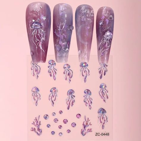 Fish Nails, Jellyfish Pattern, Pattern Nail Art, Natural Nail Designs, Jewelry Knowledge, Purple Nail, Pretty Gel Nails, Really Cute Nails, Nail Art Sticker