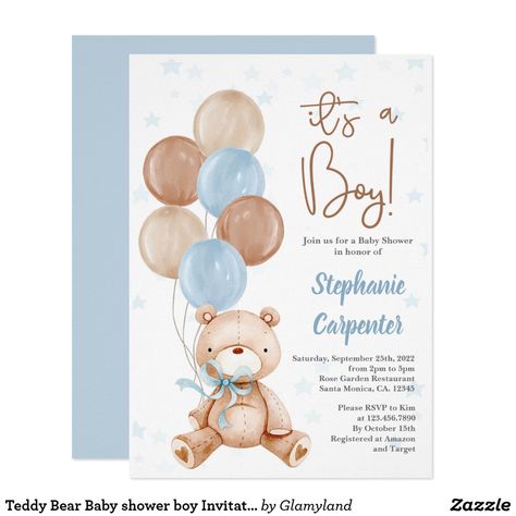 Teddy Bear Baby shower boy Invitation Bear Baby Shower Invitations, Neutral Baby Shower Invitations, Teddy Bear Baby Shower Invitations, Baby Boy Shower Invitations, Bear Baby Shower Theme, Blue Teddy Bear, Gender Neutral Baby Shower Invitations, Boy Shower Invitations, We Can Bearly Wait