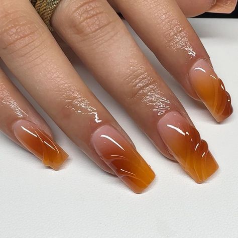 🍸 | Instagram Orange And Brown Nail Designs, Amber Nails Design, Orange Nail Set, Blood Orange Nails, Orange Fall Nails Acrylic, Brown And Orange Nails, Dark Orange Nails, Orange Nails Ideas, Orange Acrylic Nails