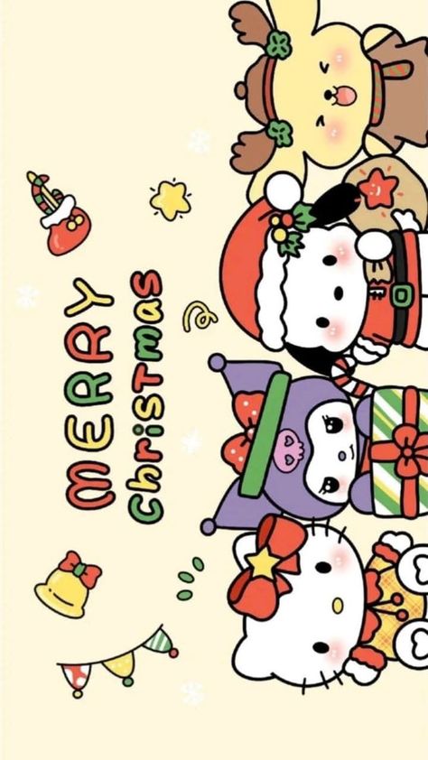 Christmas Cards Hello Kitty, Christmas Card Hello Kitty, Cute Christmas Card Ideas For Friends, Kuromi Christmas Wallpaper, Sanrio Characters Christmas, Hello Kitty Christmas Card, Sanrio Christmas Wallpaper, Sanrio Cards, Hello Kitty Christmas Wallpaper