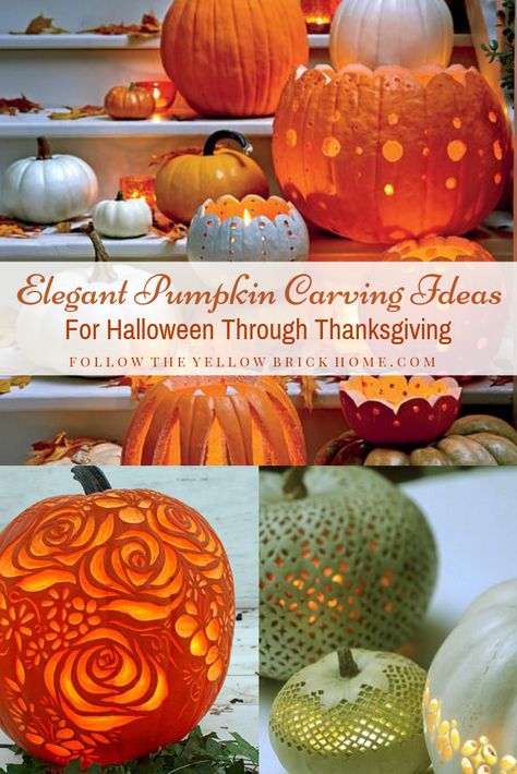 Elegant pumpkin carving ideas that can be used all fall long. Great for Halloween or Thanksgiving Pumkin Decoration Ideas Turkey, Non Halloween Pumpkin Carving, Elegant Pumpkin Carving, Pumpkin Carving Ideas Pretty, Pretty Pumpkins Carving, Pretty Pumpkin Carving Ideas, Thanksgiving Pumpkin Decorating, Thanksgiving Pumpkin Carving, Cool Pumpkin Designs