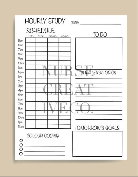 Hourly Study Schedule Template for students. Ipad Template, Study Schedule Template, Study Schedule, Schedule Template, Nursing Students, Marketing And Advertising, Remote Work, Stationery Design, Color Coding