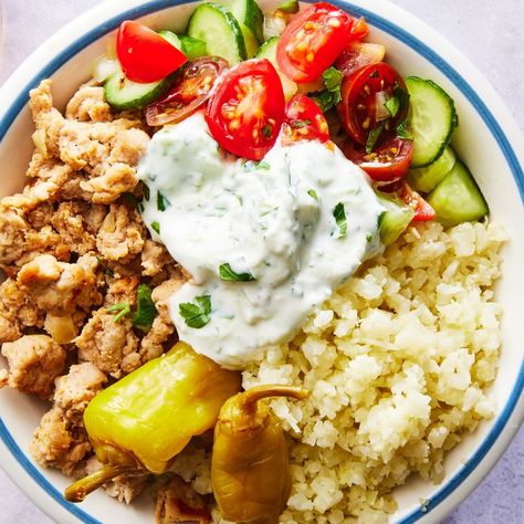 Low Carb Turkey Gyro Bowl Gyro Bowl, Turkey Spices, Greek Gyros, Spring Dinner, Greek Dishes, Meal Prepping, Fresh Veggies, Bowls Recipe, Mediterranean Recipes