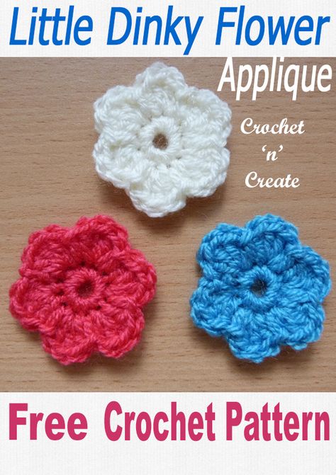 Little Dinky Flower Applique UK - These sweet little motifs are quick to make and look lovely when made in lots of different colors. Cute and tiny flowers that can be used for small projects like baby bibs, table mats, coasters or mug cozies. Diy Crochet Flowers Tutorial, Flat Flowers, Crochet Small Flower, Crochet Pattern Written, Crochet Storage Baskets, Crochet Flowers Free Pattern, Small Crochet, Flower Pattern Design, Flower Crochet