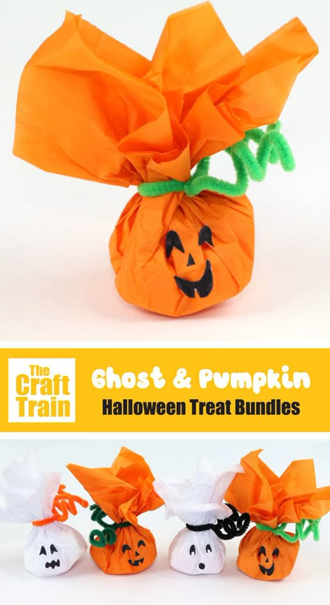 Pumpkin and Ghost Halloween treats - The Craft Train Easy Halloween Treat Bags, Diy Halloween Goodies, Halloween Treat Bag Ideas For Preschool, Dollar Tree Halloween Goodie Bags, Halloween Treats For Kindergarteners, Halloween Treats For Class Party, Fall Themed Treats For School, Halloween Bags Preschool, Halloween Goodie Bags Diy