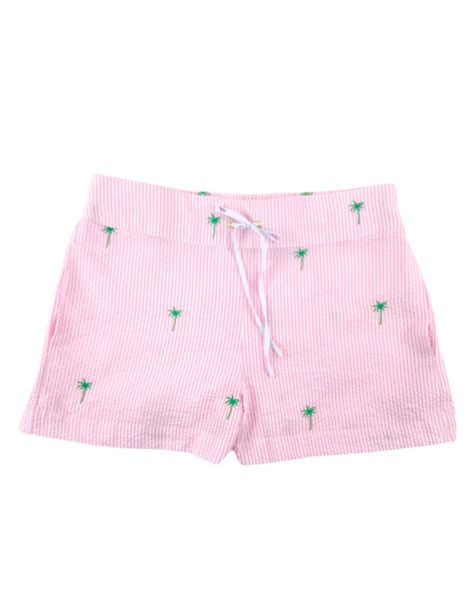 Preppy Embroidered Seersucker Women's Lounge Beach Shorts – Piping Prints Bed Pocket, Preppy Kids, Pink Seersucker, Relaxed Outfit, Baby Bloomers, Lounge Shorts, Tennis Ball, Matching Family Outfits, Beach Shorts