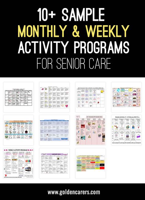 Sample monthly and weekly activity calendars for activity coordinators working in nursing homes. I know from experience that when i first started at a rest home I was thrown in the deep end, and I just thought by sharing this it may help out a newbie to develop their activities program. This is a wonderful resource to help you plan ahead. Thanks to everyone who has shared their calendar. Activity Calendar For Seniors, Activities For Nursing Home Residents, Activities Coordinator, Activity Schedule, Assisted Living Activities, Senior Citizen Activities, Memory Care Activities, Senior Living Activities, Nursing Home Activities