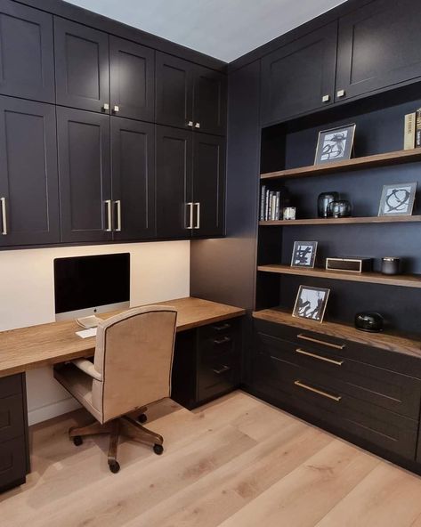 Office With Black Cabinets, Office Wall Cabinets, Pantry Desk, Black Corner Desk, Study Lounge, Home Office Dark, Room 101, Bourbon Room, Custom Bedroom