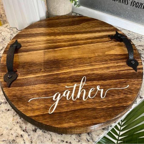 Handmade Wood Tray Charcuterie Board With Metal Handles 12” Round Gather Wood Slice Charcuterie Board, Wood Rounds Crafts, Charcuterie Board Tray, Wine Serving Trays, Circle Signs, Tray Charcuterie Board, Round Wood Tray, Wood Charcuterie Board, Wood Trays