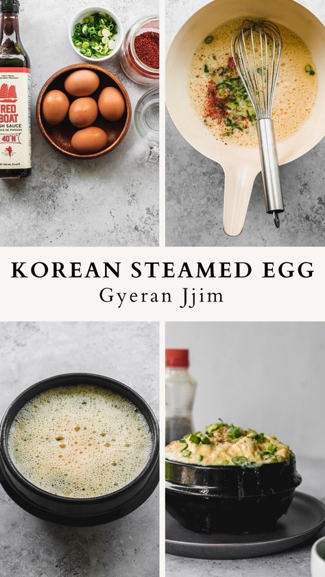 how to steps to make Korean steamed egg or gyeran jjim Steam Egg Korean, Steam Eggs Chinese, Steamed Egg Recipe, Korean Egg Souffle Recipe, Korean Steamed Egg Recipes, Chinese Steamed Egg, Korean Steam Egg Recipe, Japanese Eggs, Korean Steamed Eggs