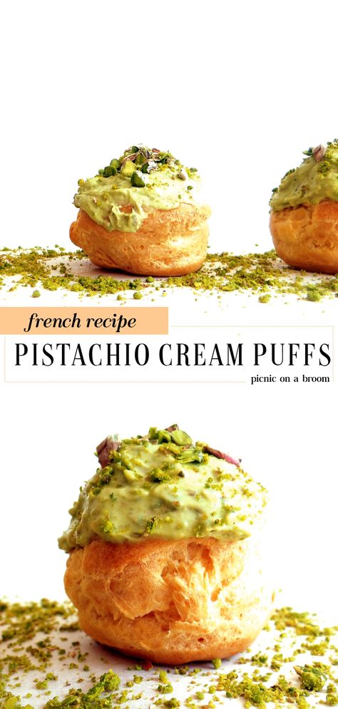 What To Do With Pistachio Cream, Pistachio Cream Puffs, Apricot Curd, Cream Cheese Puffs, Chocolate Cream Puff, Mediterranean Desserts, Choux Cream, Traditional French Recipes, Tea Time Treats