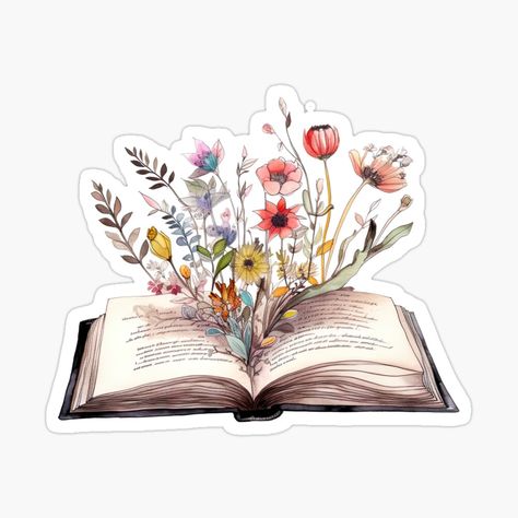 Get my art printed on awesome products. Support me at Redbubble #RBandME: https://www.redbubble.com/i/sticker/Watercolor-Painting-of-Open-Book-with-Flowers-Botanical-Art-for-Book-Lovers-by-lastgirlscout/144281740.EJUG5?asc=u Stickers Watercolor, Open Book Painting, Stickers Books Printable, Open Book Illustration, Book With Flowers Painting, Open Book With Flowers, Botanical Stickers, Book With Flowers Coming Out Drawing, Book Related Stickers