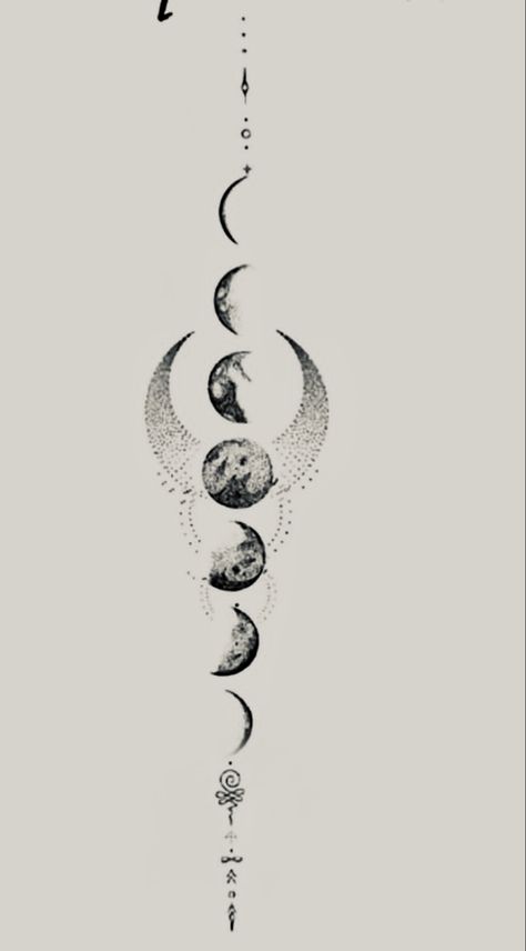 Moon Phase Down Spine Tattoo, Moon Phase Spinal Tattoo, Spinal Tattoo Moon Phases, Lunar Phases Tattoo Spine, Stages Of Moon Tattoo, Back Tattoo Moon Phases, Moon Cycle Tattoo Arm, Solar Eclipse Tattoo Minimalist, Spine Tattoos For Women Moon Phases