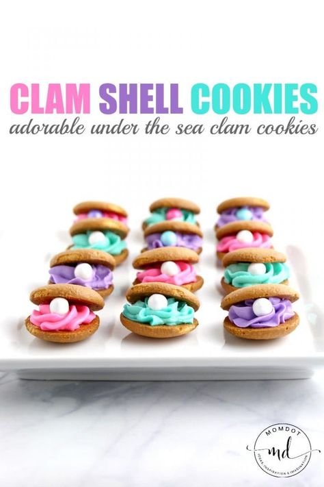 Clam Shell Cookies Made with Nilla Wafers, perfect for a mermaid party plus QUICK, EASY and ADORABLE! Clam Shell Cookies, Shell Cookies, Party Dessert Ideas, Mermaid Birthday Party Food, Mermaid Party Food, Nilla Wafers, Dessert Party, Mermaid Parties, Little Mermaid Birthday