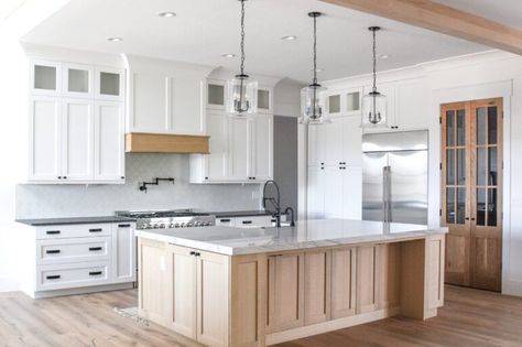 Just finished up the hard surfaces on our new kitchen!  I love the warm oak island with the white cabinets! Cabinet Colors For Light Wood Floors, Modern White Oak Kitchen, Kitchen Wood Floor, Wood Islands, Modern Kitchen Decor Ideas, White Oak Kitchen Cabinets, White Oak Cabinets, White Oak Kitchen, Kitchen Cabinet Layout